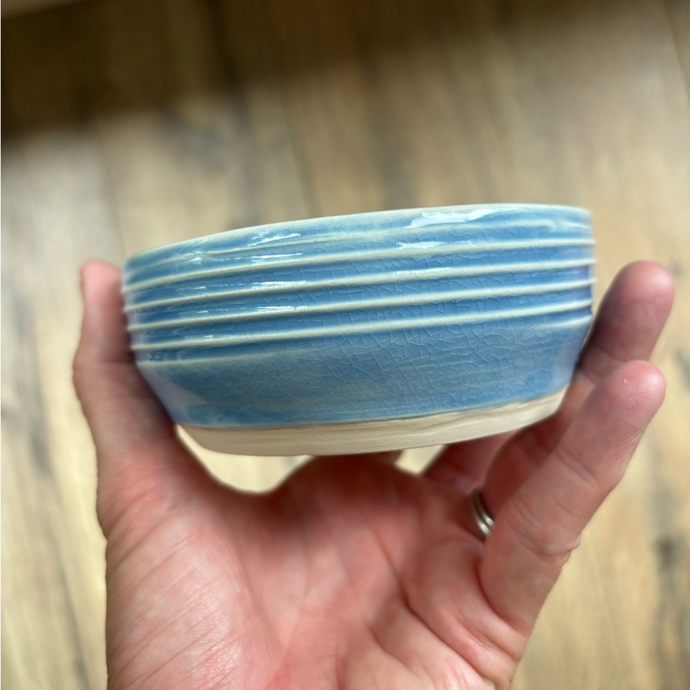 Hand Thrown Art Pottery Bowl Blue Feather Studio Clay Dish Rustic Handmade - Picture 7 of 12